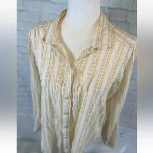Abercrombie & Fitch Woman’s L Long Sleeve Crinkle Top Yellow White Button shirt - Picture 3 of 14